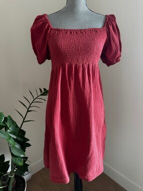 Women's Cotton Smock Puff Sleeve Mini Dress sz M - Brick